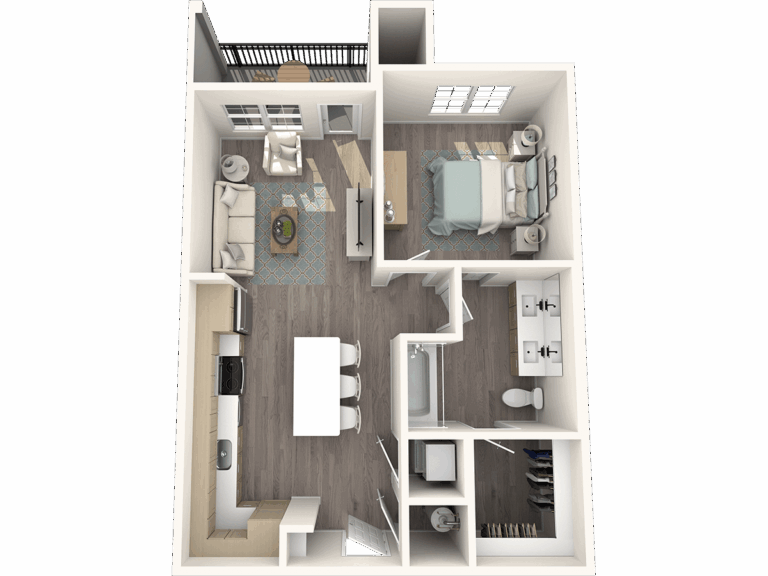 3D floor plan featuring a one-bedroom apartment with an open living room, kitchen with island, a bathroom, and a small balcony.