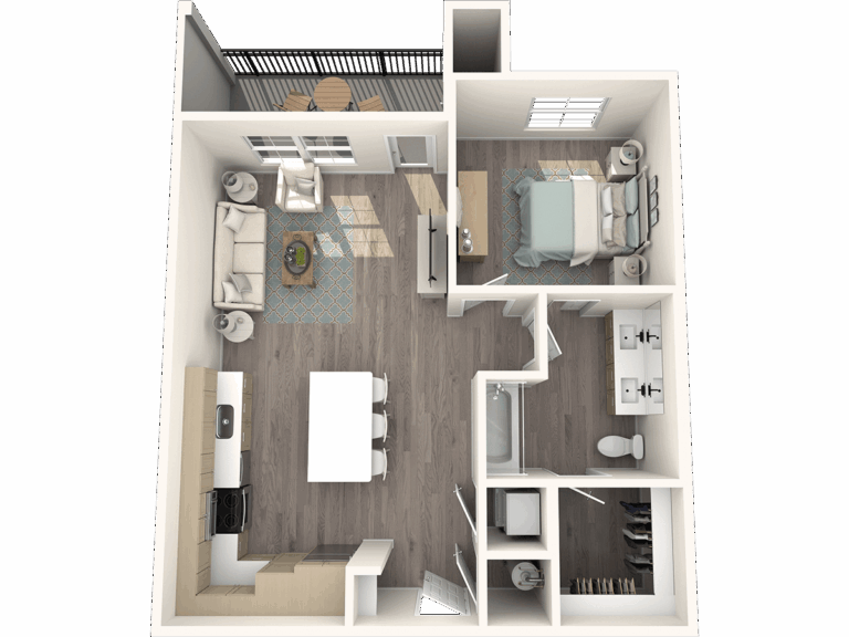 3D floor plan of a one-bedroom apartment featuring an open living and kitchen area, a bathroom, and a small balcony.