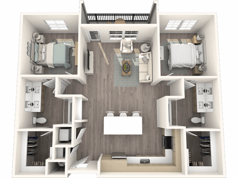 3D floor plan of a two-bedroom apartment featuring a central living room, two bathrooms, and an open kitchen with an island.