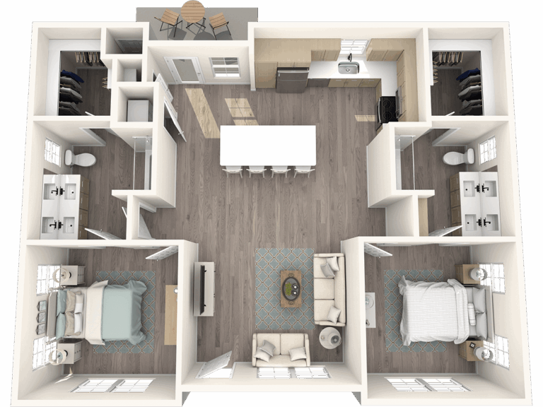 3D floor plan of a two-bedroom apartment featuring a central open-plan kitchen and living area, two bathrooms, and outdoor patio space.