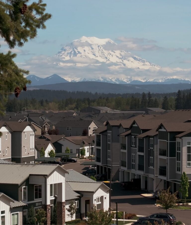 Aerial view of Solace apartment community in South Hill Puyallup with Mt. Rainier mountain in the background